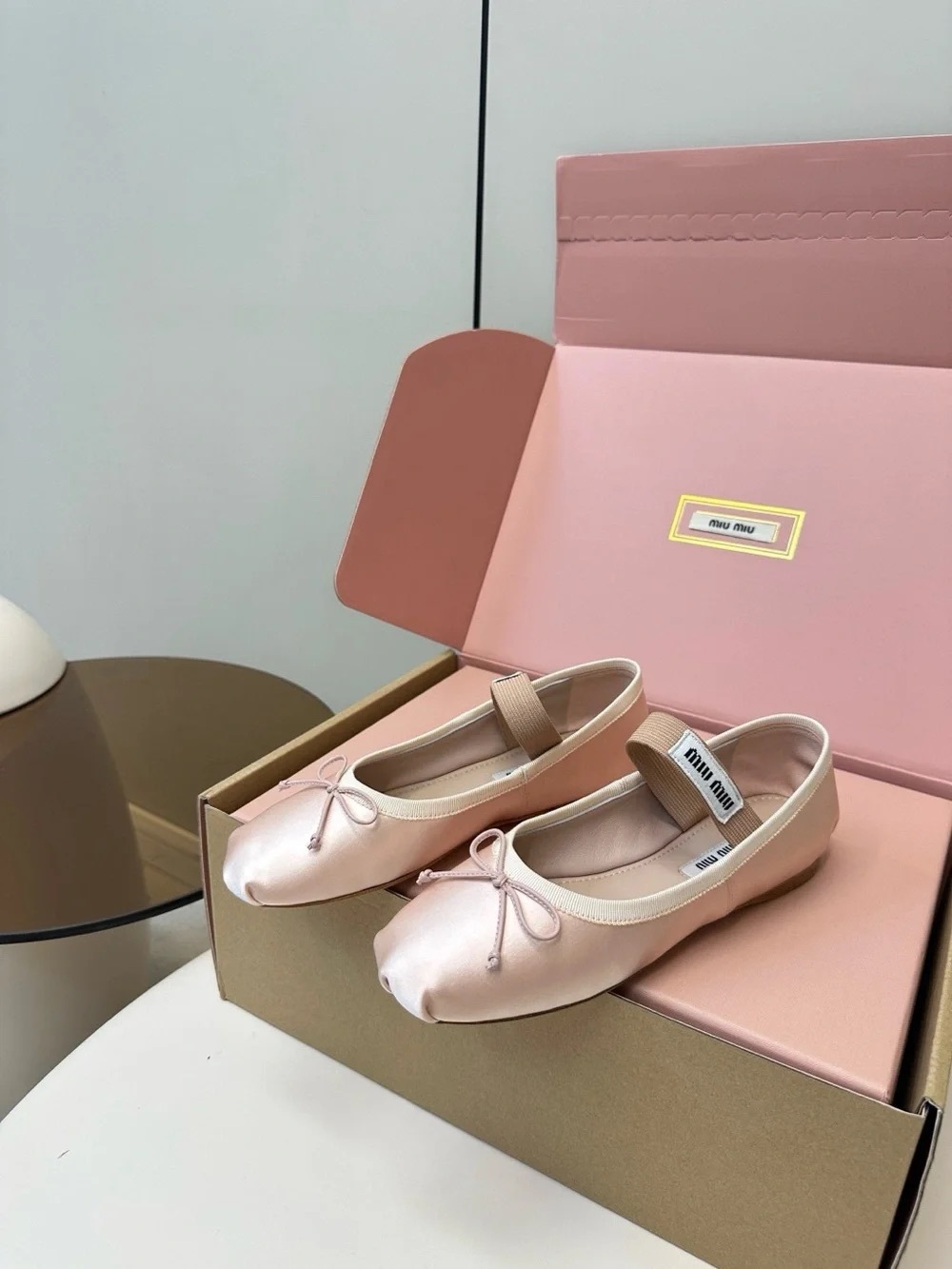Miu Miu Pale Pink Satin Girls' Ballet Flats with Elastic Strap